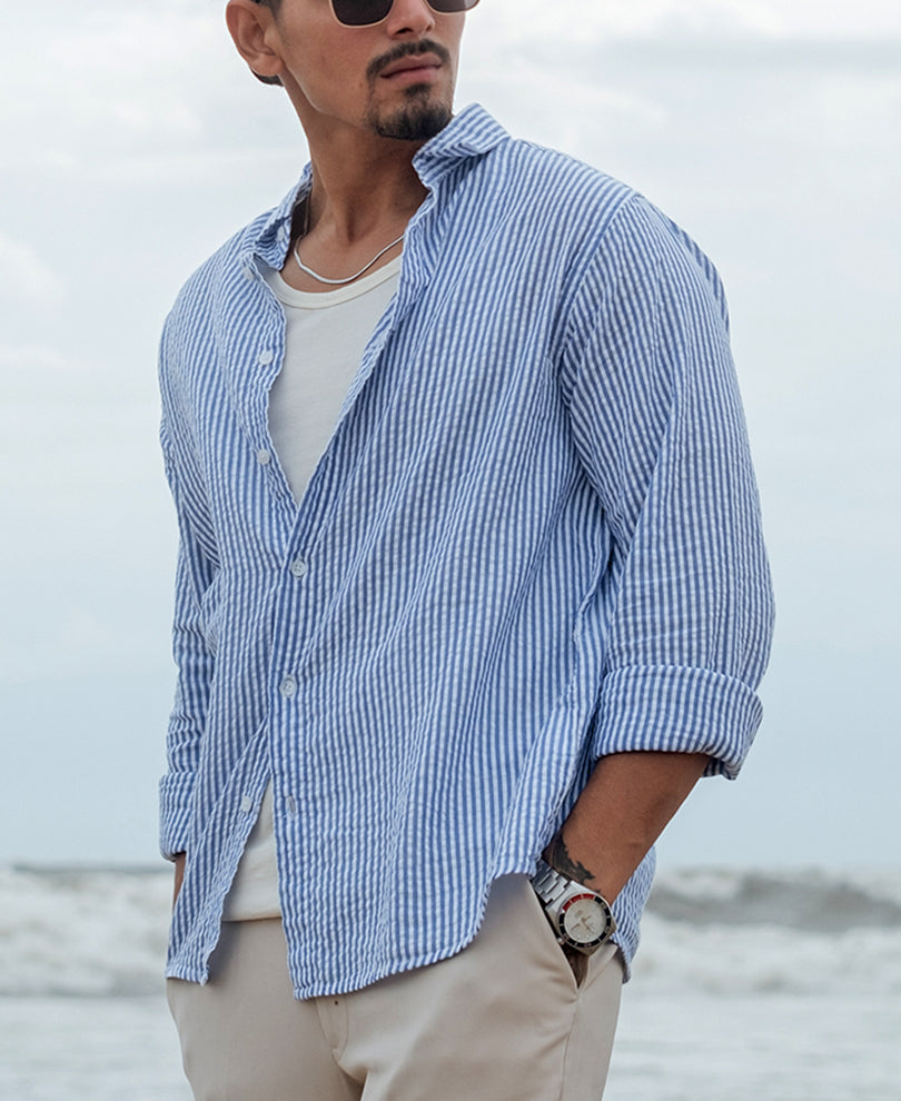 Blue and White Regular fit Striped Full Sleeves Shirt